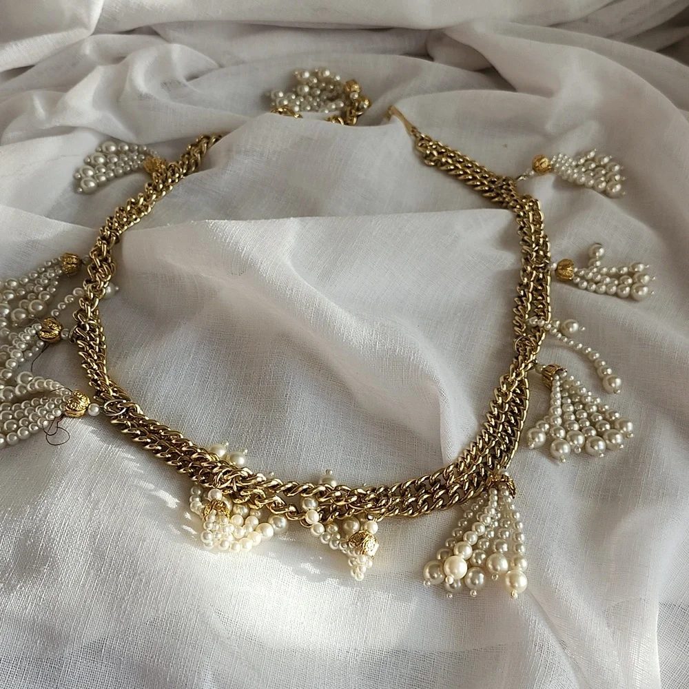 Vintage Good Condition Stunning Faux Pearl & Gold-Tone Chain Belt, M, $50